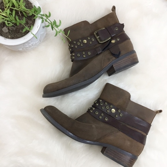 [Guess] Brown Metal Rhinestone Moto Boots - Picture 1 of 8